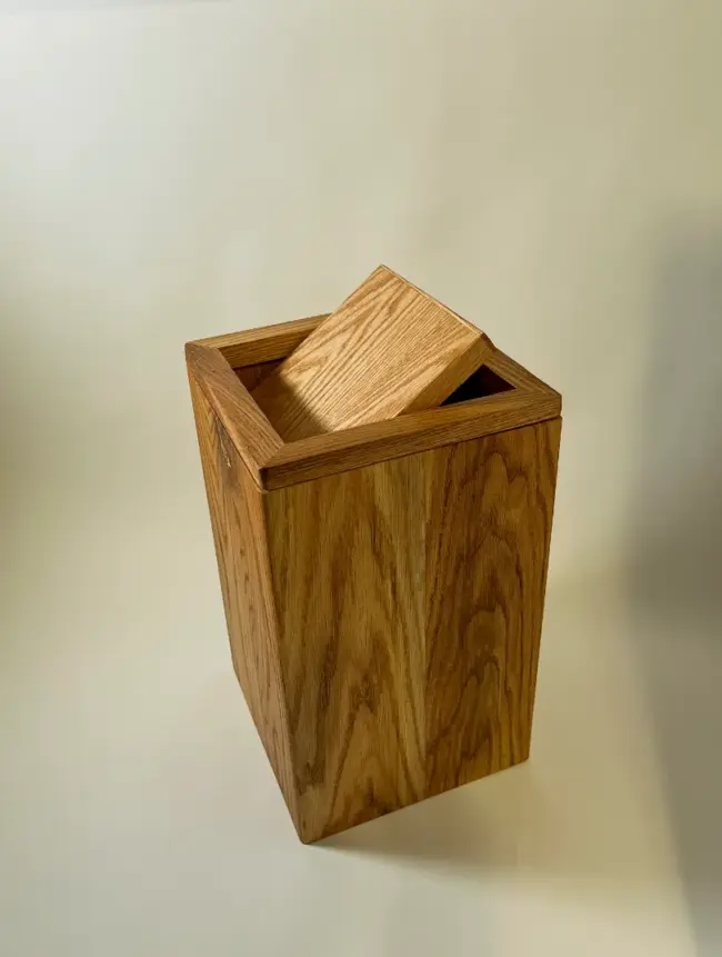 Handcrafted Red Oak Wood Trash Can Bin with Removable Wooden Lid