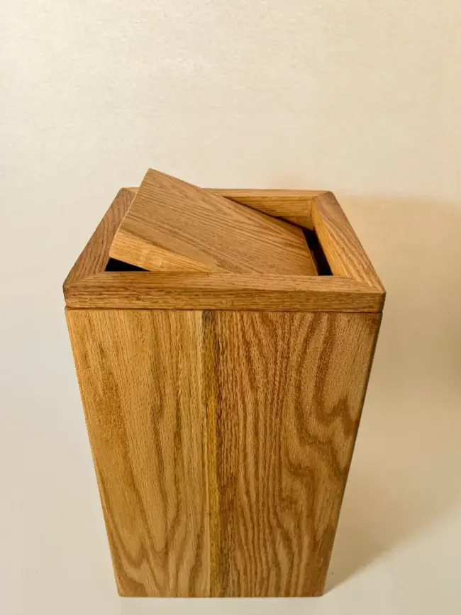 Handcrafted Red Oak Wood Trash Can Bin with Removable Wooden Lid