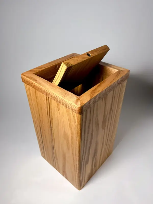 Red oak flippity-top wood trash can bin with magnet