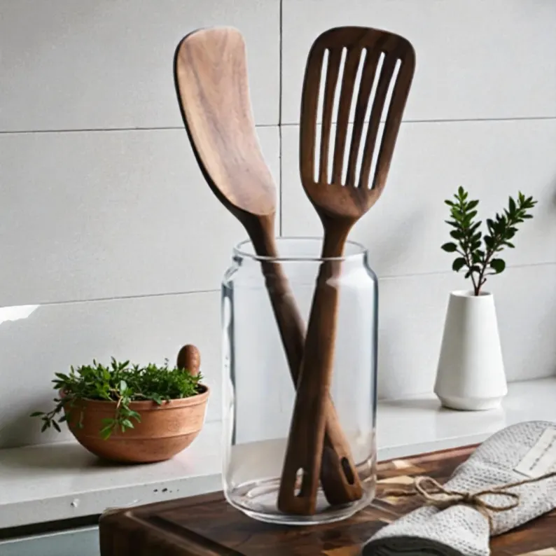 2 piece teak wood spatula set - slotted and flat wooden turner