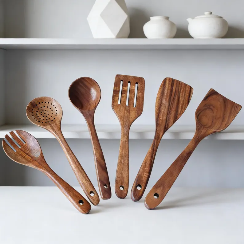 Handcrafted teak wood kitchen utensils set