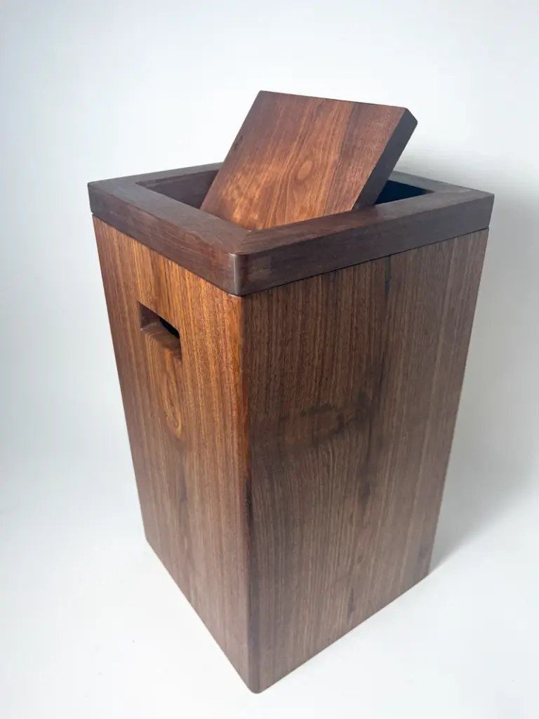 Walnut flippity-top wood trash can bin