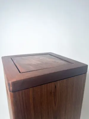 Walnut flippity-top wood trash can bin