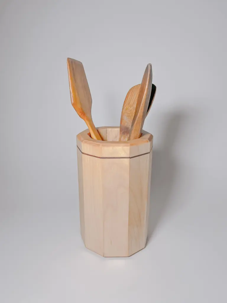 Maple wood kitchen utensil holder with walnut strip with wooden utensils