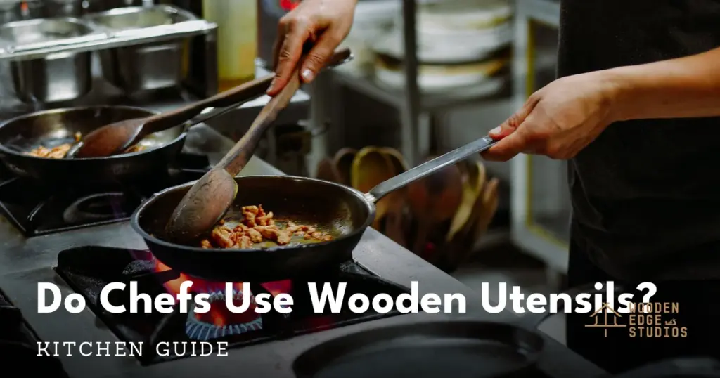 Professional chef stirring with a wooden spoon over a gas flame in a commercial kitchen