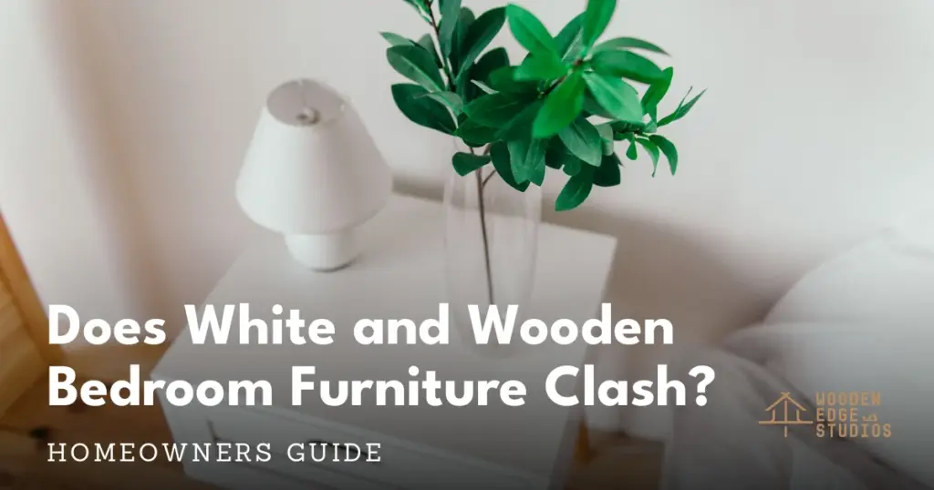 White and wooden bedroom furniture styled together in a modern bedroom